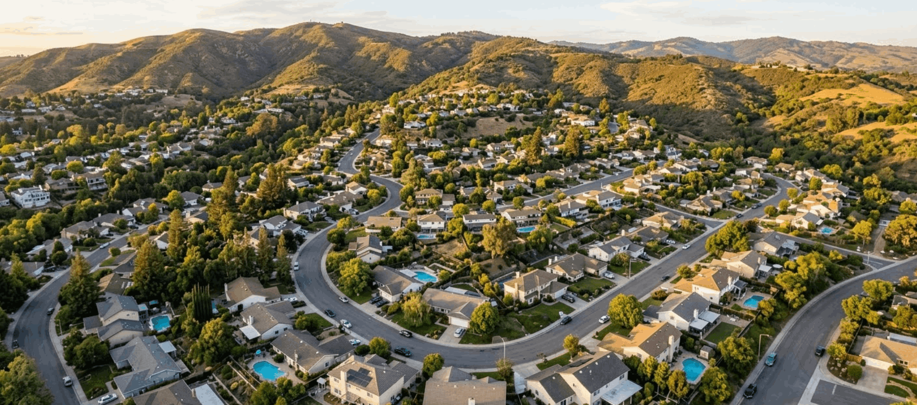 Aerial view of Tri-Valley neighborhoods in Pleasanton, San Ramon, and Danville, California
