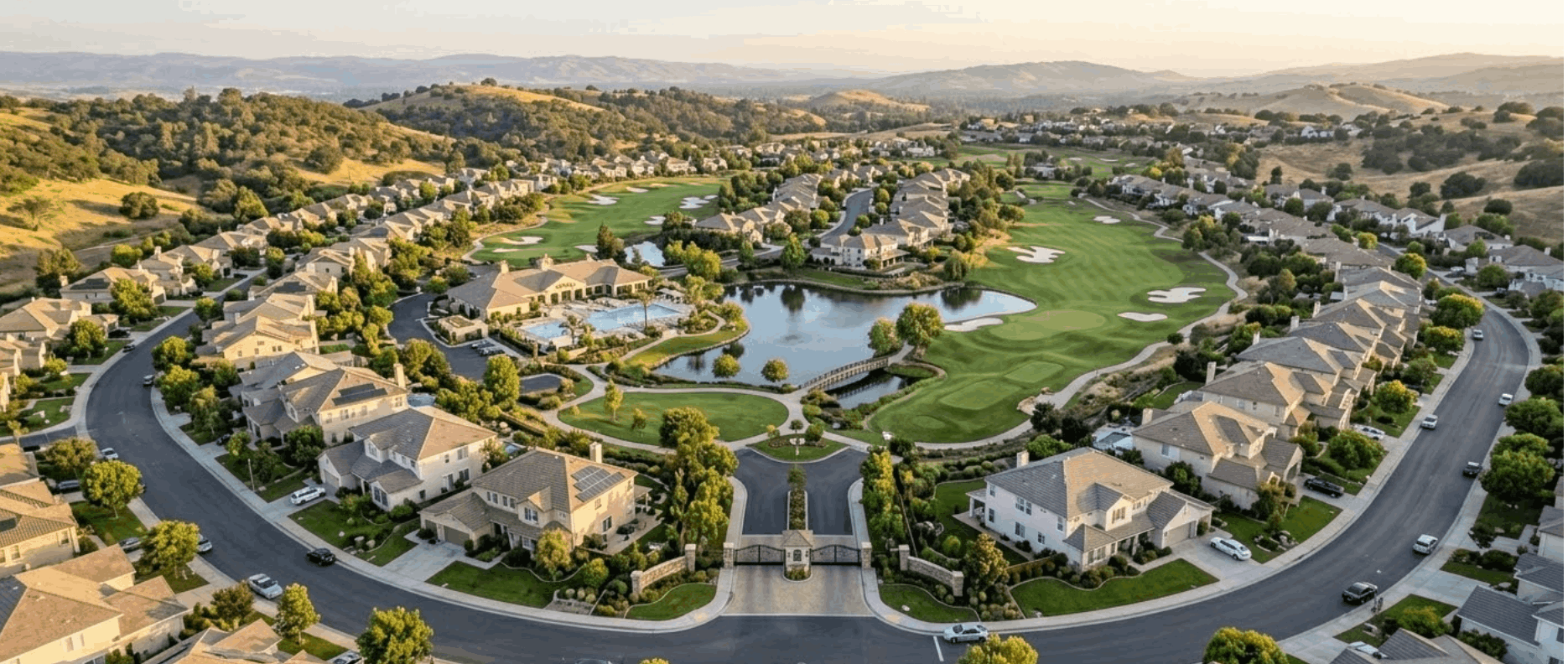 Aerial view of Ruby Hill gated community in Pleasanton California with golf course and residential streets