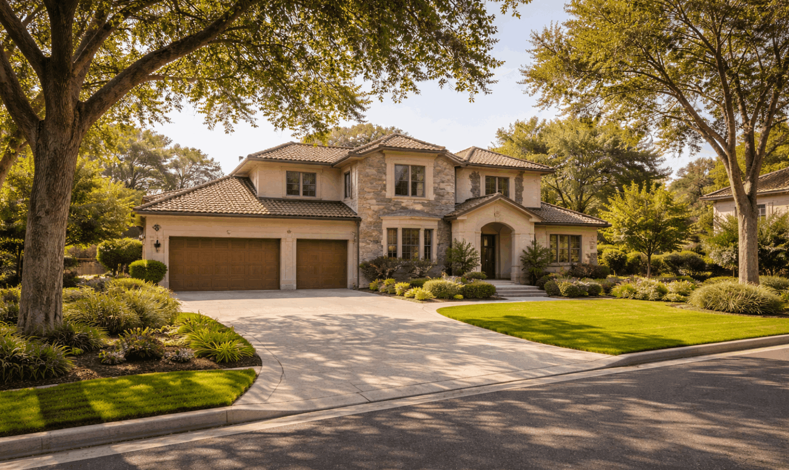 Pleasanton CA luxury home exterior with tree-lined street and well-maintained landscaping