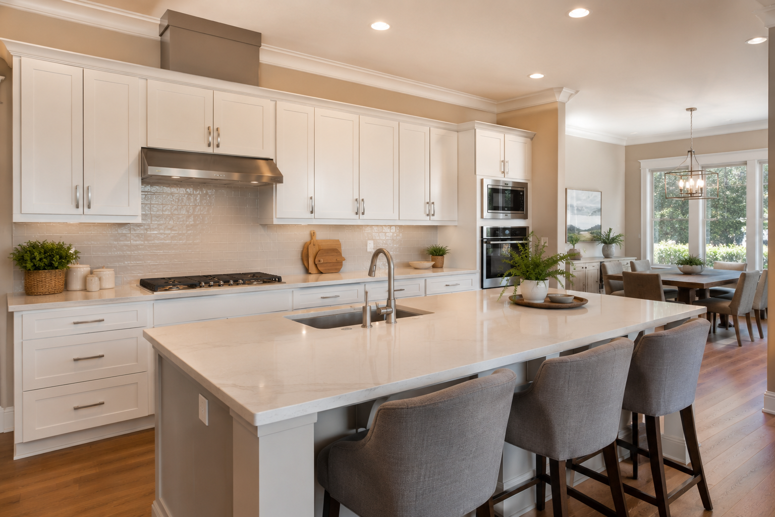 Open-concept Pleasanton kitchen remodel with quartz countertops and natural light from west-facing windows