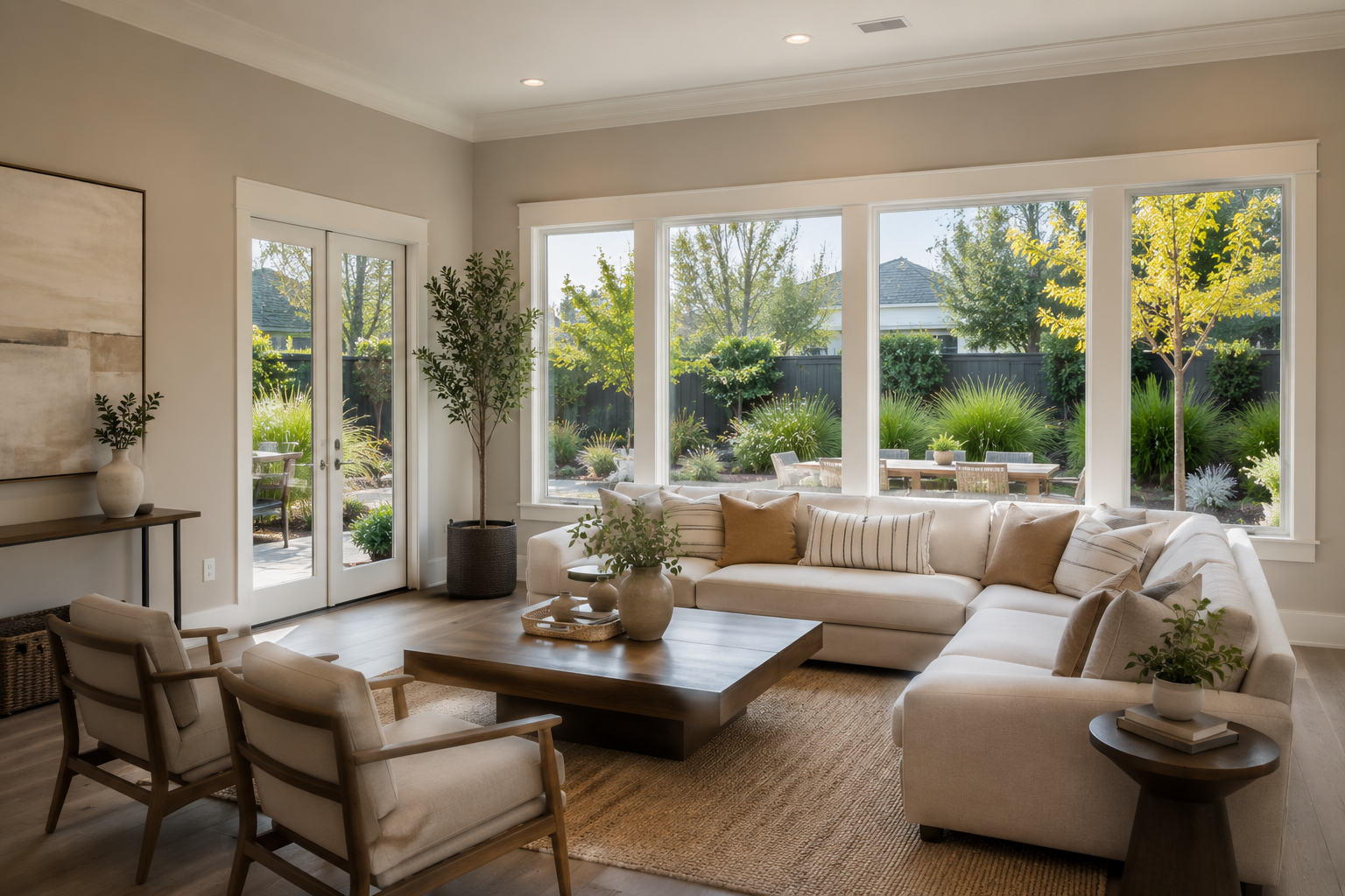 Pleasanton California home interior living room with neutral paint, professional staging, hardwood floors, natural light from large windows