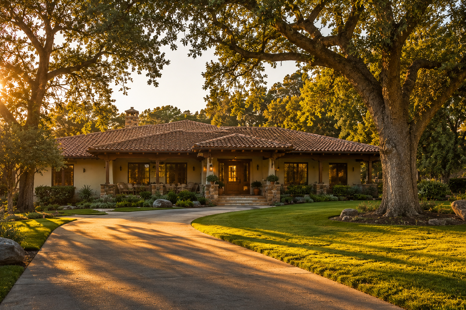Pleasanton California home exterior with mature oak trees in front yard during golden hour afternoon light