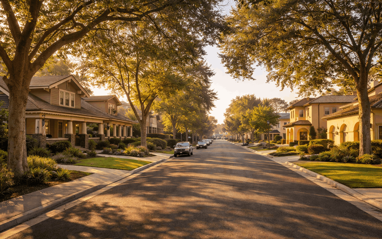 Mission Hills Pleasanton California quiet residential cul-de-sac with large family homes and mature trees on a sunny morning, no people or text