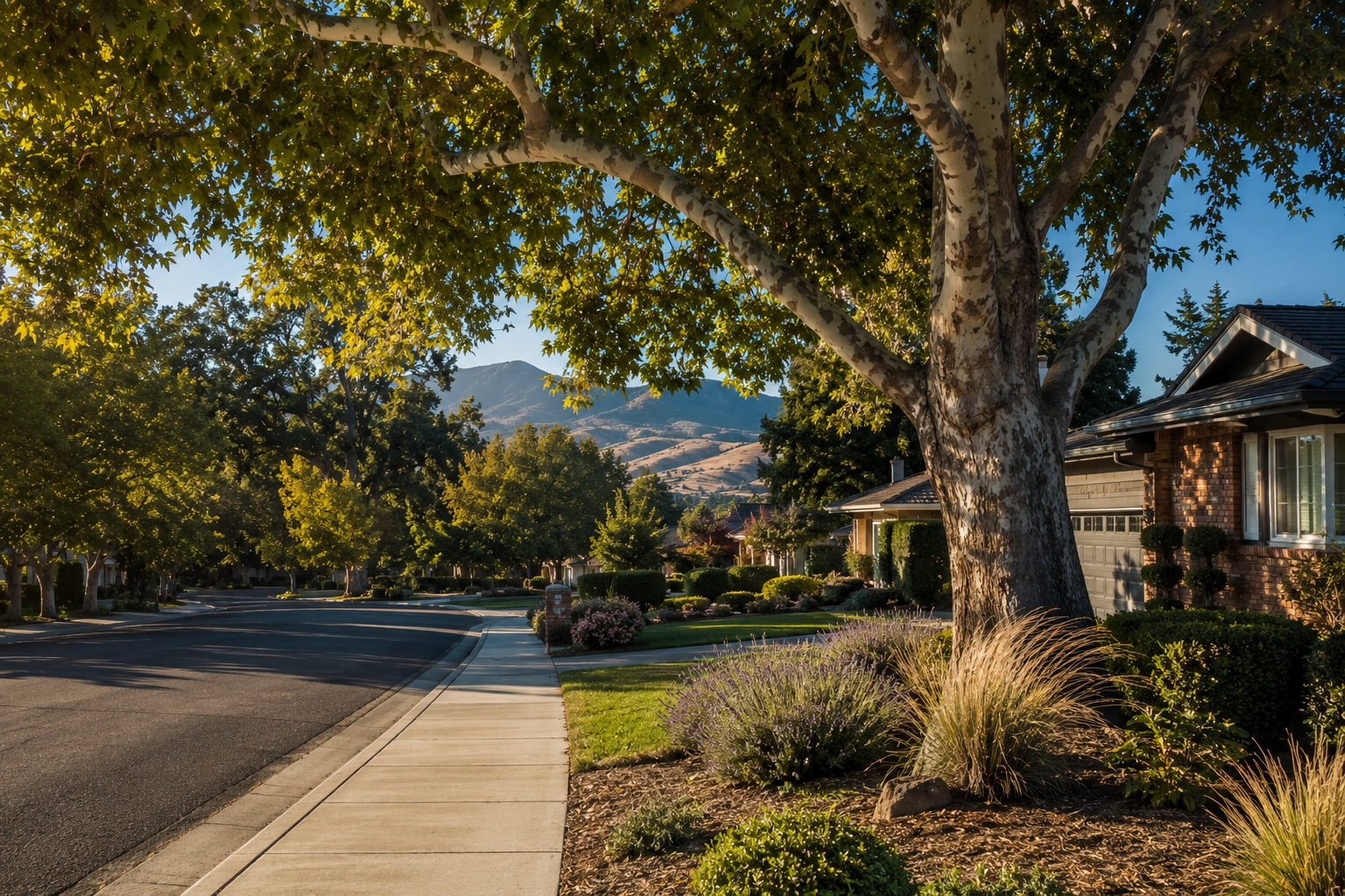Danville California residential street with mature oak trees and luxury single-family homes in afternoon light