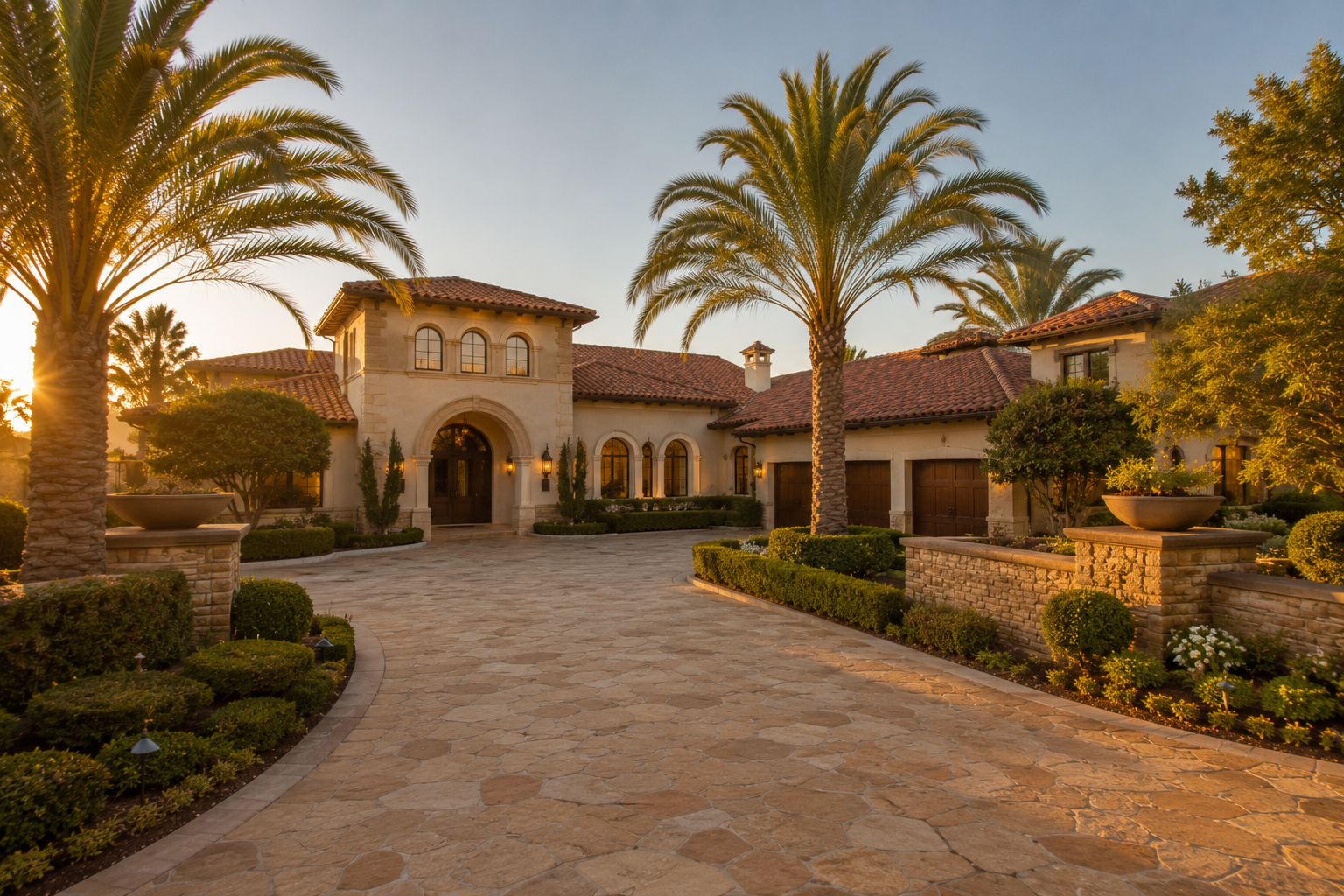 Custom luxury estate exterior in Ruby Hill Pleasanton California at golden hour with manicured landscaping