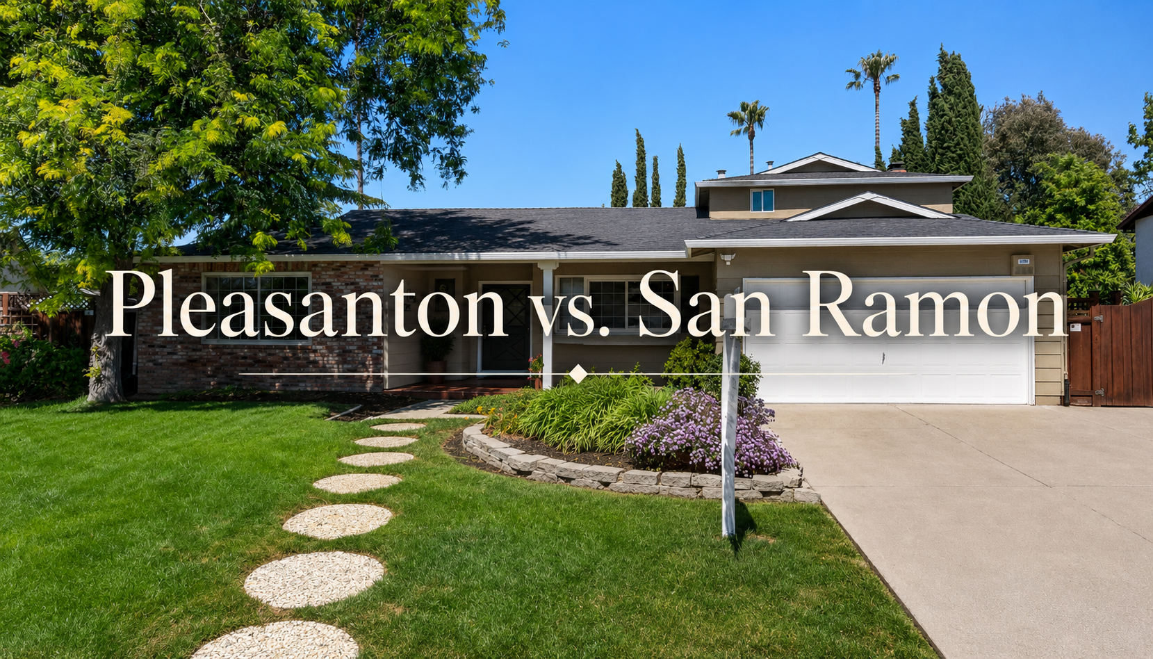 Aerial view of a Pleasanton California neighborhood street with mature oak trees and single-family luxury homes