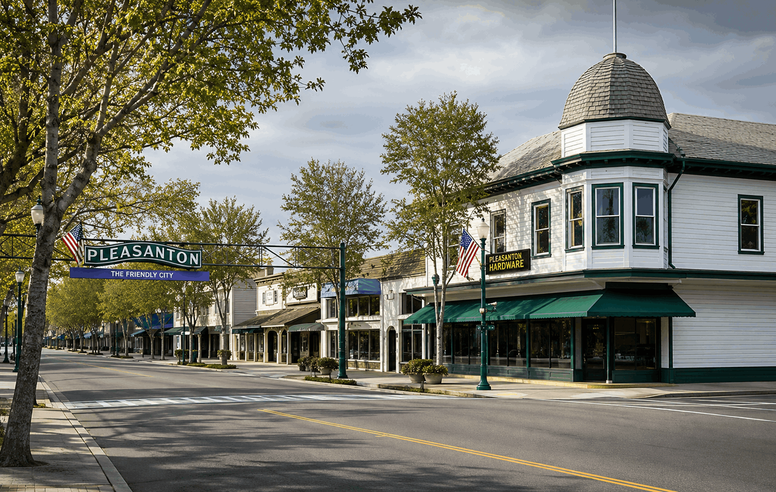 Downtown Pleasanton, CA quiet morning views of quiet street
