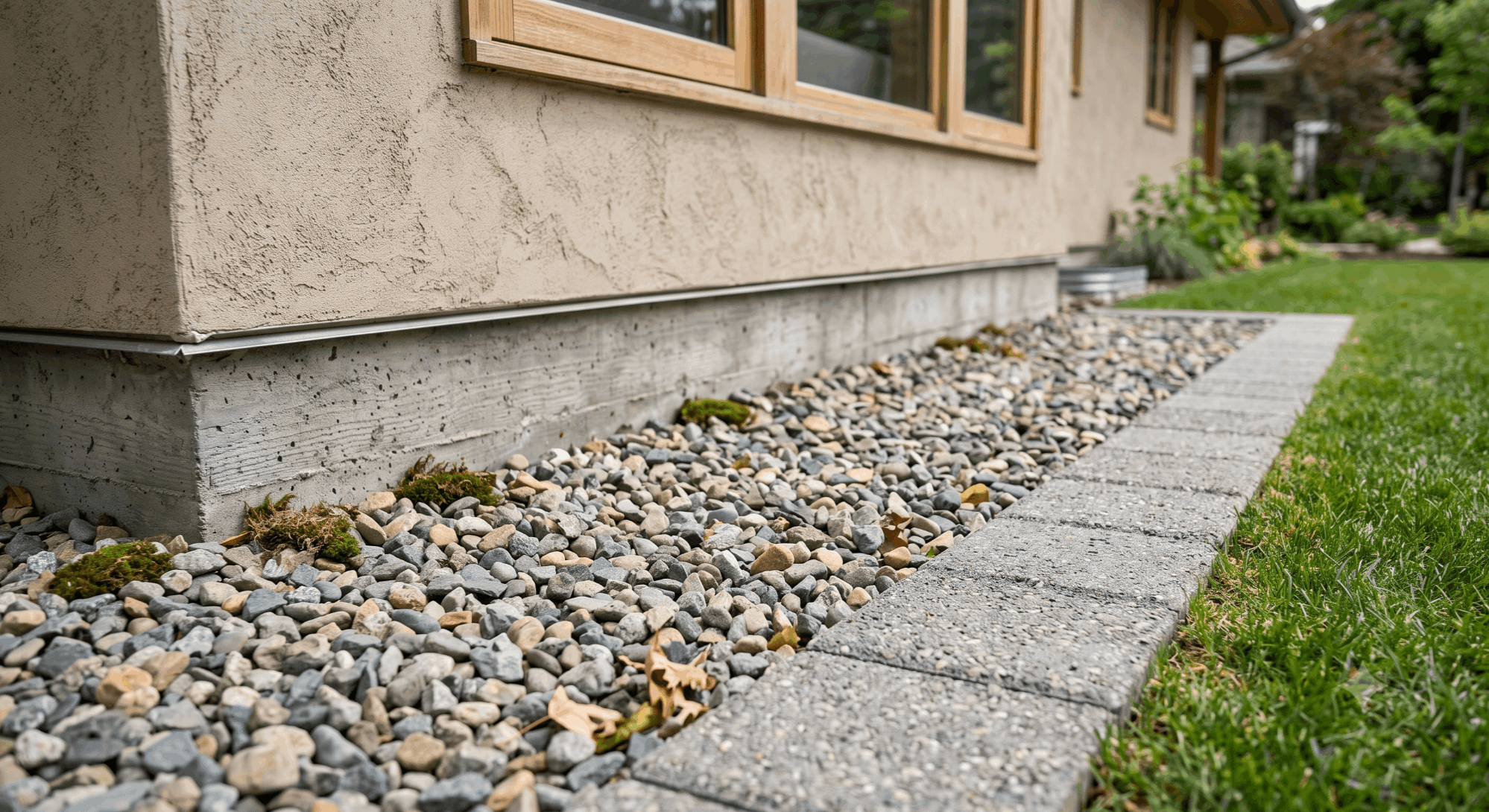 Zone 0 ember-resistant rock perimeter around a Pleasanton home exterior wall