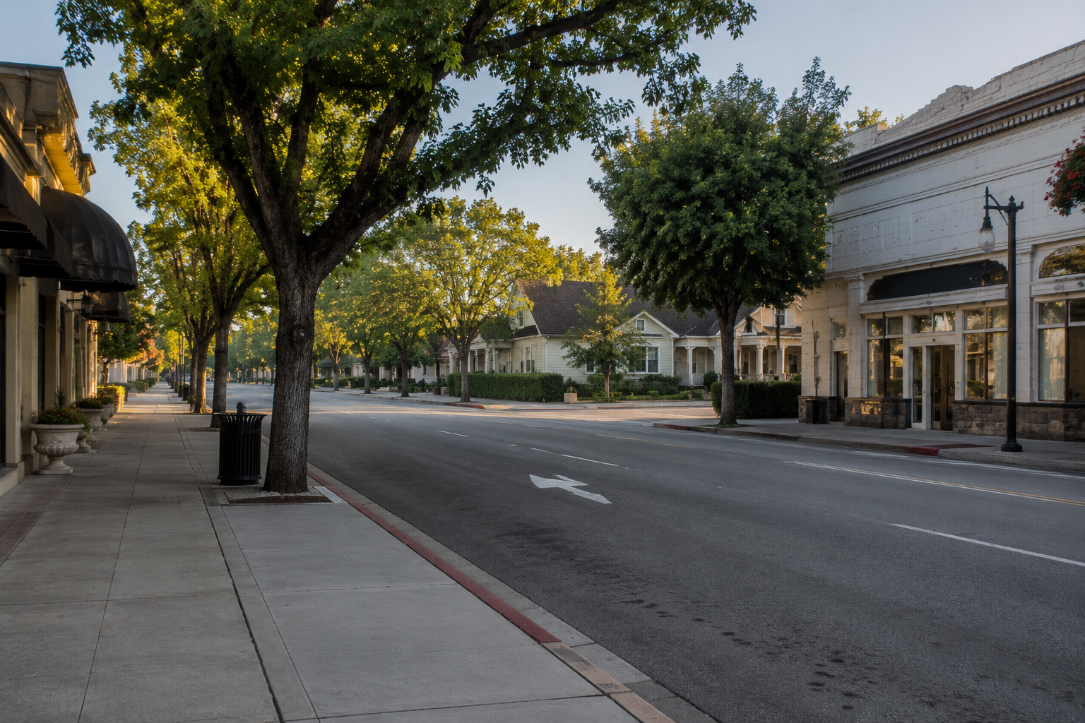 Downtown Pleasanton Main Street neighborhood streetscape near probate property