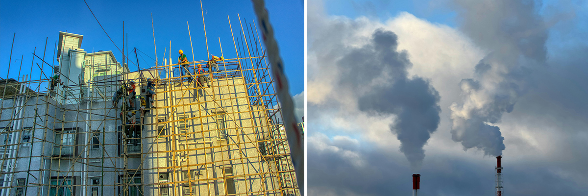 Construction project depicted on the left, and smoke from a refinery on the right side