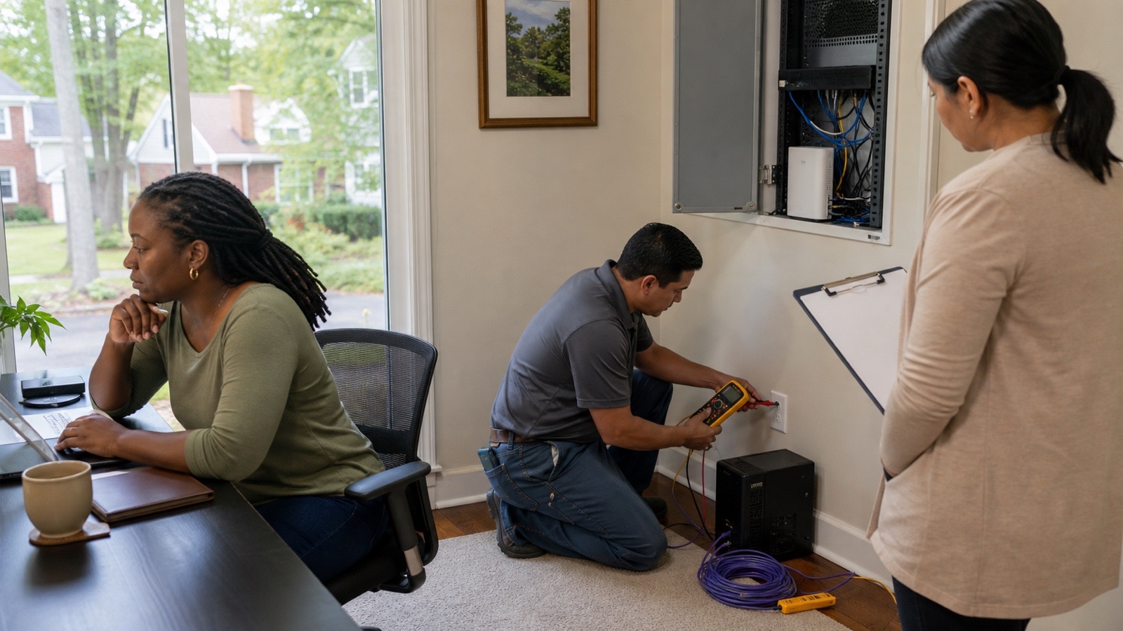 Homeowner and technicians checking power and connectivity for a Stafford home office.