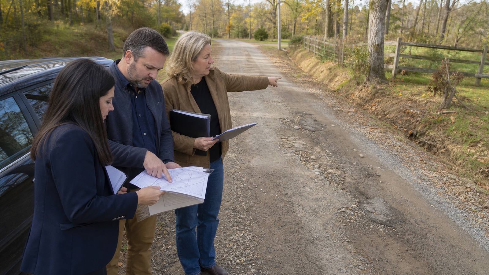 Buyers and agent reviewing private-road conditions and duties in Spotsylvania.