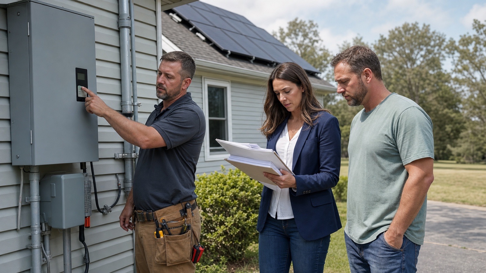 Buyer, agent, and technician reviewing solar equipment records in Spotsylvania.