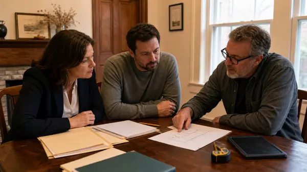 Buyer, agent, and contractor reviewing a rowhouse shared-wall plan in Fredericksburg.