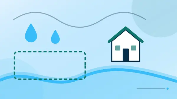 Fredericksburg flood and drainage due diligence illustrated with a parcel, contour lines, rain, and controlled water flow.