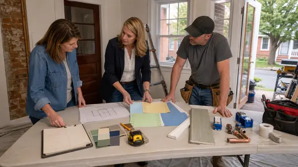 Homeowners, agent, and contractor sequencing a Fredericksburg renovation plan.