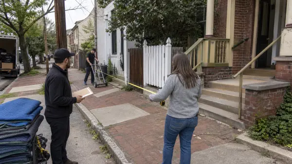 Moving team measuring curb and entry access at a Fredericksburg rowhouse.