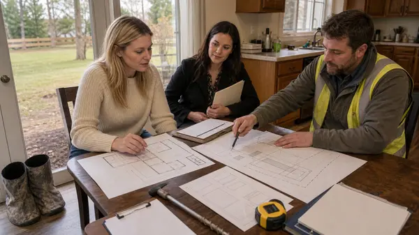 Buyer, agent, and septic professional reviewing a Stafford reserve-area plan.