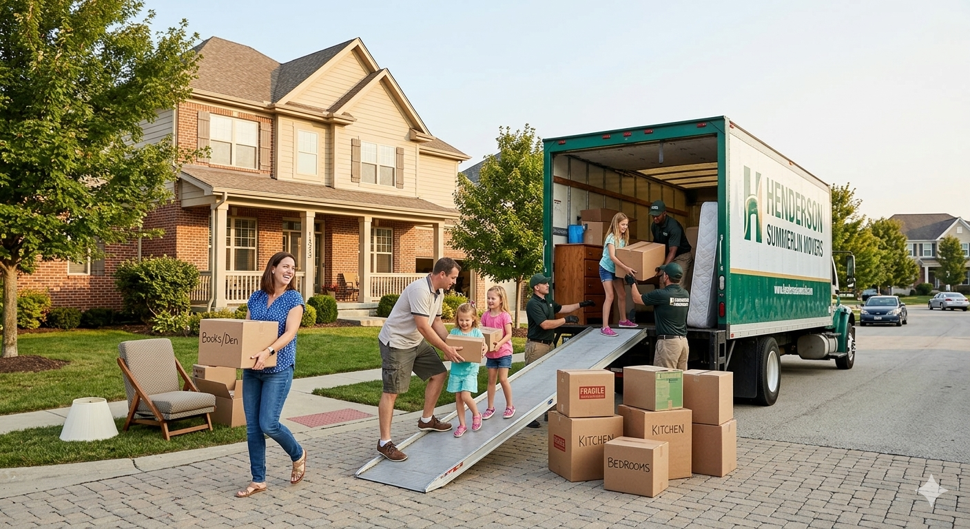 Family moving into new Las Vegas home with moving truck