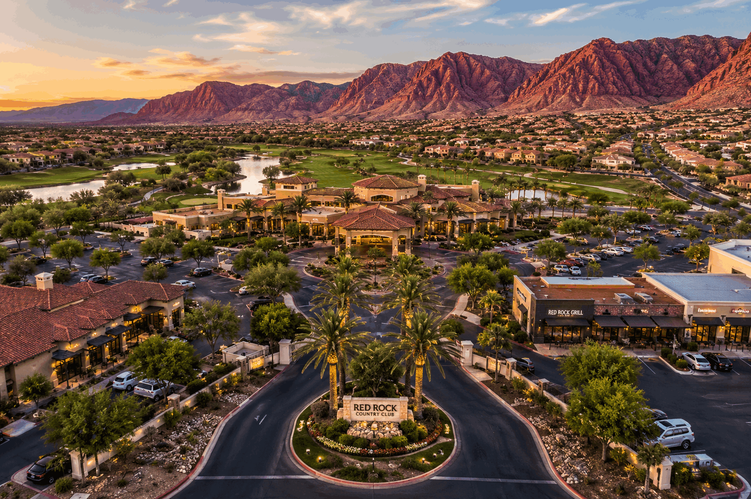 Downtown Summerlin dusk aerial view