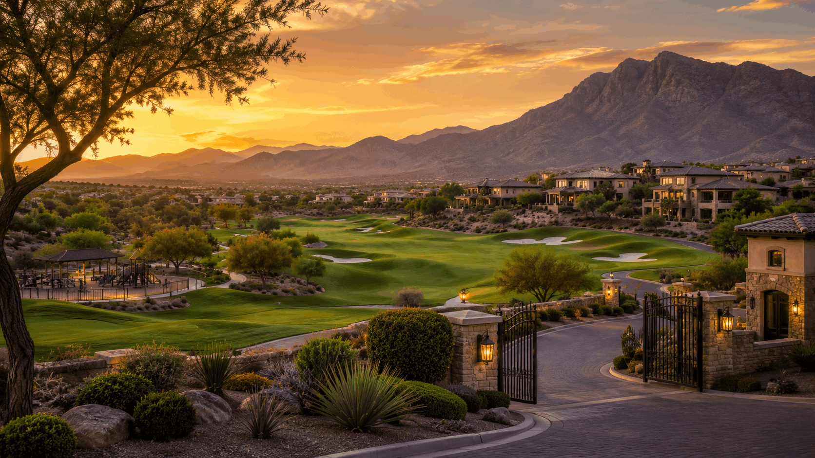 Aerial view of TPC Las Vegas golf course at sunset in The Canyons Summerlin, a guard-gated community