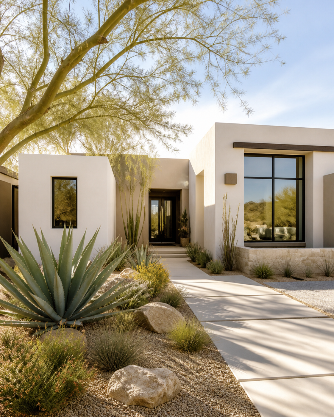 Modern desert home exterior with landscaping