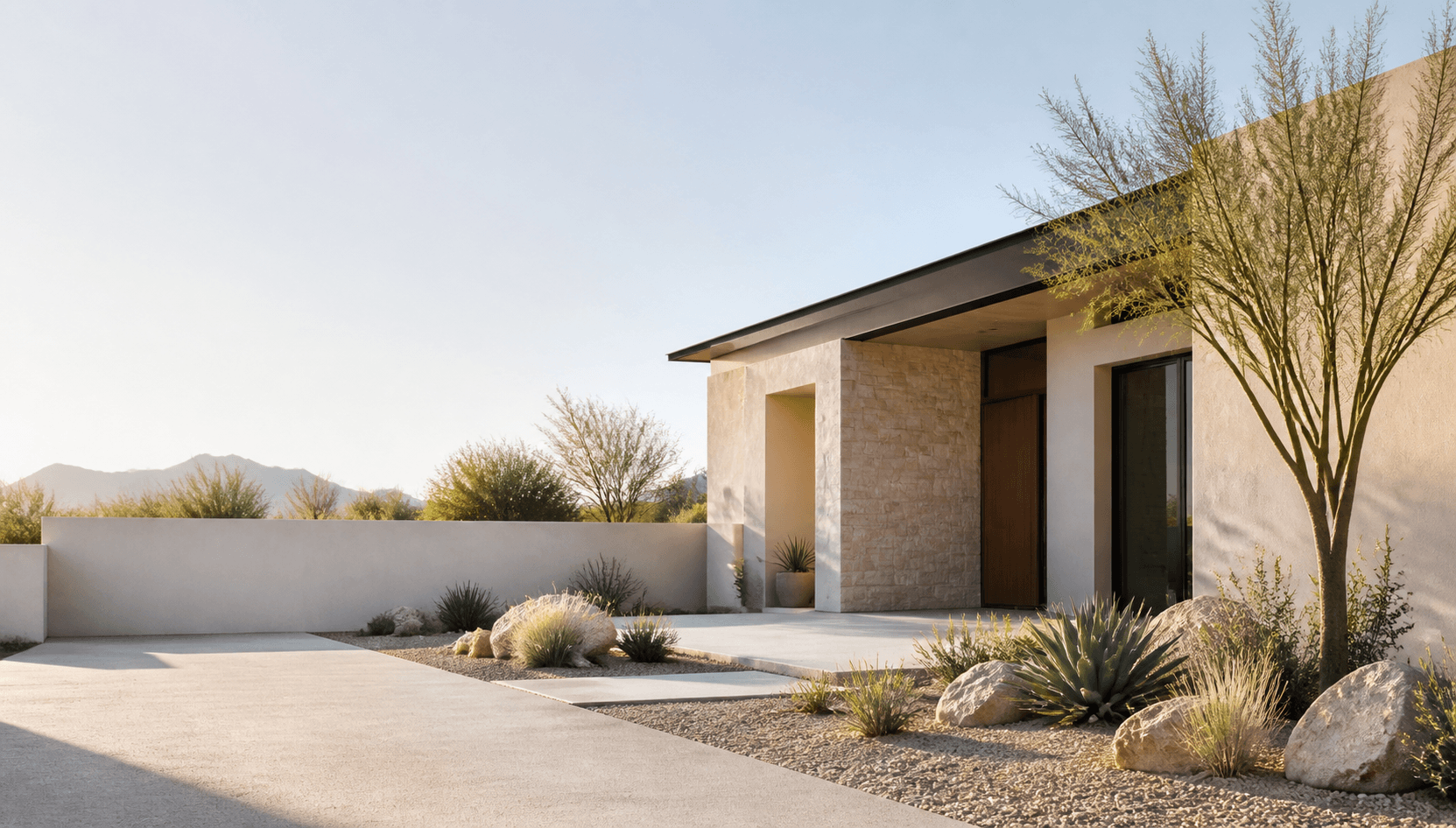 A single-level modern desert home with a low-maintenance courtyard
