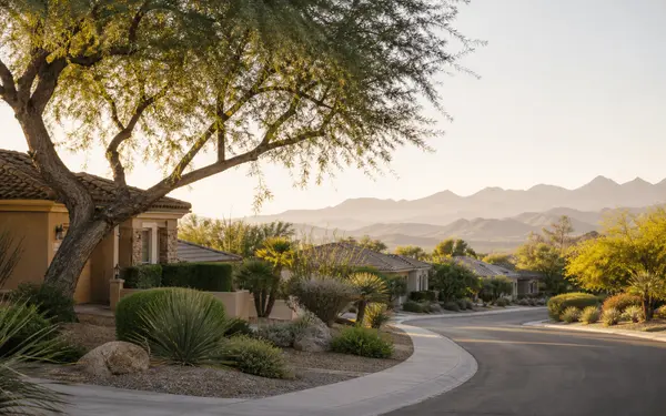 Warm Arizona residential street at golden hour with mature trees and desert landscaping