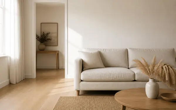 Calm, simply styled living room with light oak floors and warm neutral furnishings