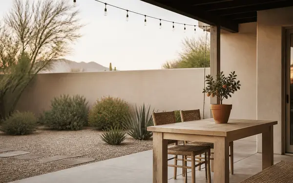 Shaded Arizona backyard patio with a wood table, citrus tree in a terracotta pot and desert planting
