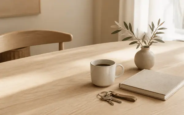 Quiet still life on a pale oak table with coffee, a notebook and a set of house keys