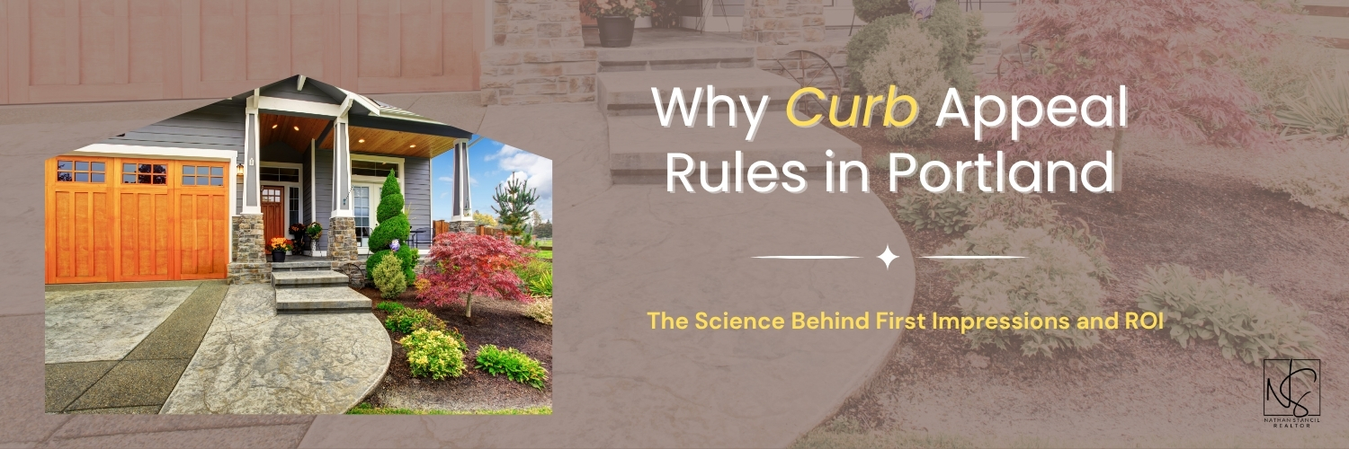 Front view of a Portland home with modern garage door and lush fall landscaping showing strong curb appeal.