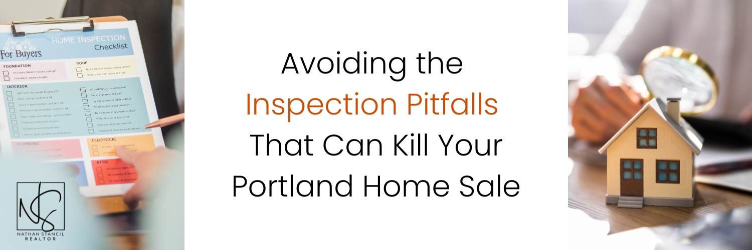Home inspector evaluating an older Portland house with mossy roof and rainy background