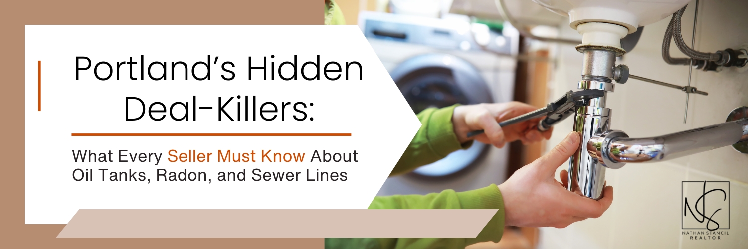 Hands using a wrench to tighten pipe fittings under a sink in a Portland home, symbolizing hidden home issues like oil tanks, radon, and sewer lines.