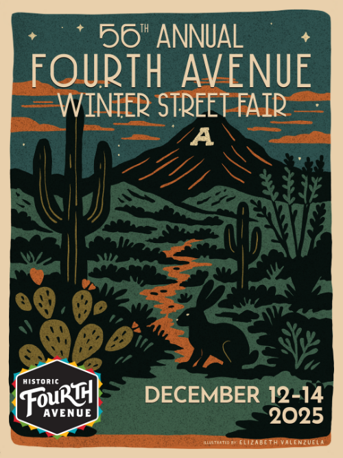Illustrated poster for the 56th Annual Fourth Avenue Winter Street Fair showing a desert landscape with saguaros, a rabbit, and “A” Mountain at sunset. Event dates December 12–14, 2025.