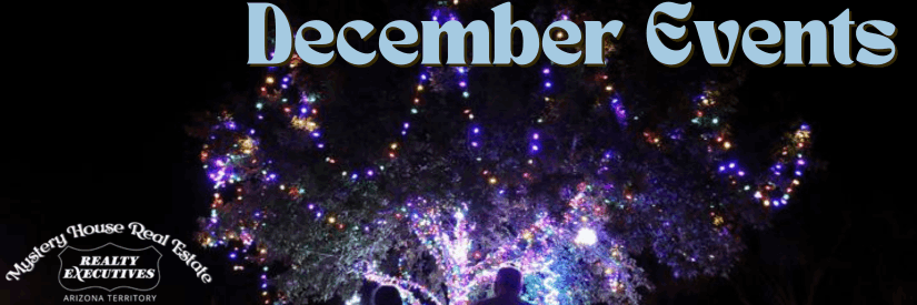 Nighttime photo of a tree covered in colorful holiday lights with silhouettes of people beneath it. Text at the top reads “December Events,” and the Mystery House Real Estate and Realty Executives logos appear in the bottom left.