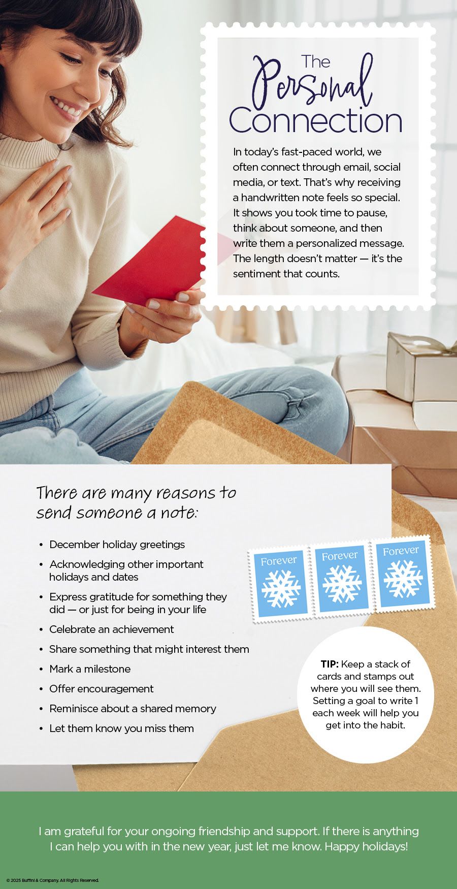 Person smiling while reading a red handwritten card, with text explaining the value of handwritten notes and a list of reasons to send them.