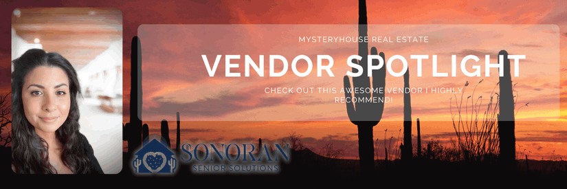 Vendor Spotlight graphic featuring a portrait of Alia Yasin alongside a Tucson desert sunset with saguaros and the Sonoran Senior Solutions logo.