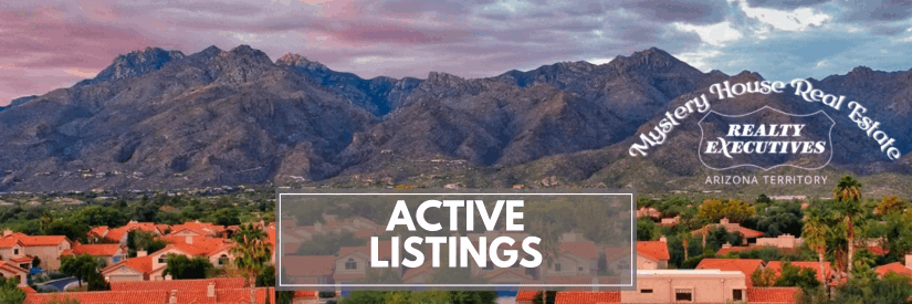Tucson neighborhood with red-tile roofs and the Catalina Mountains in the background, overlaid with text reading “Active Listings” and Mystery House Real Estate branding.