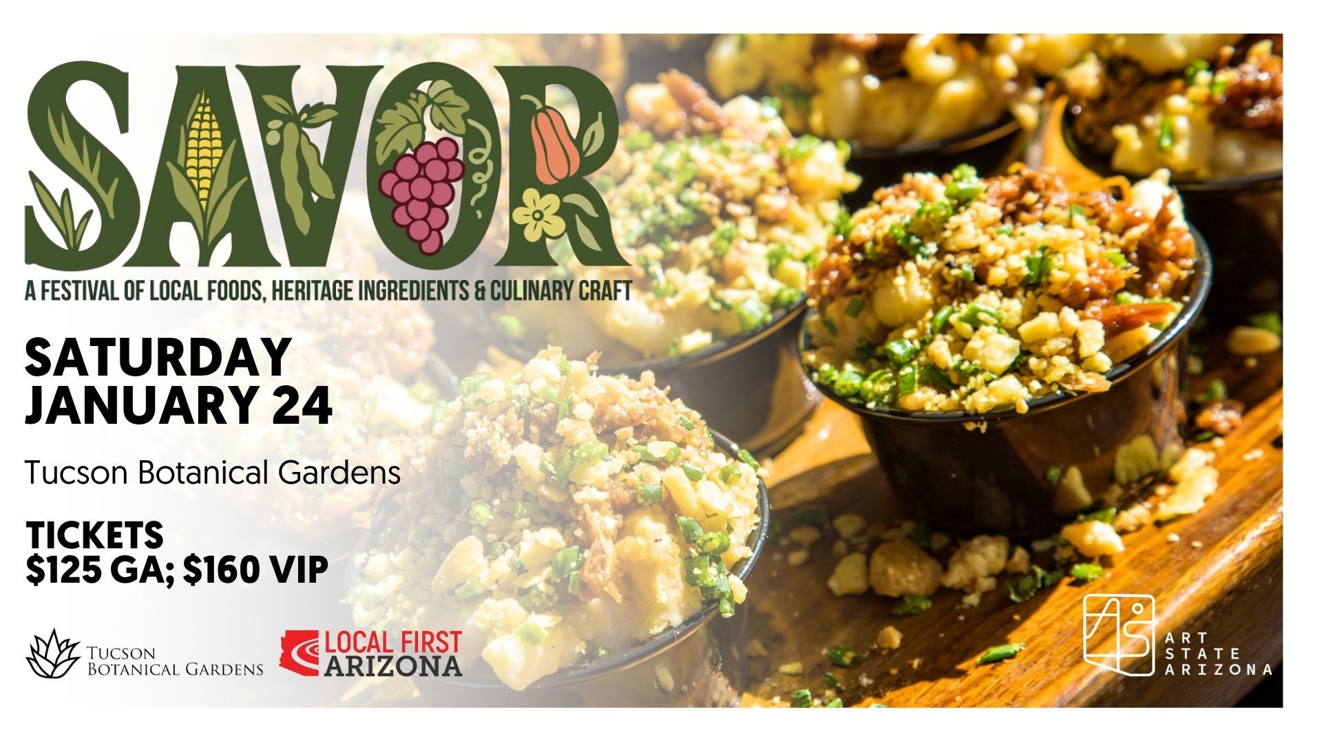 Close-up of small bowls filled with heritage-inspired dishes at the SAVOR Southern Arizona Culinary Festival, highlighting local foods and ingredients.