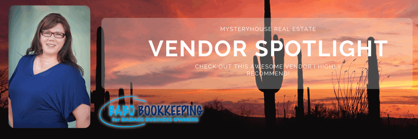Vendor Spotlight banner featuring a sunset desert scene with saguaro cactus silhouettes. On the left is a headshot of Stacey Lynn wearing a blue top. Text reads “Vendor Spotlight – Mystery House Real Estate” and “BABO Bookkeeping for Badass Business Owners.”
