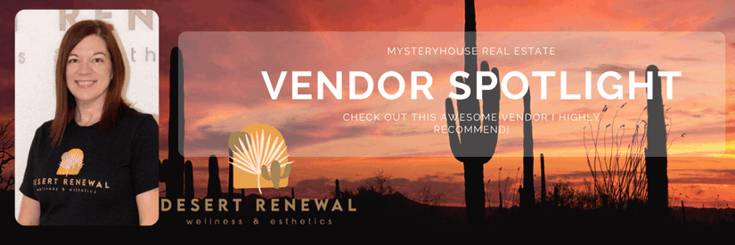 Vendor Spotlight banner for Mystery House Real Estate featuring a woman in a Desert Renewal branded t-shirt. Desert Renewal Wellness and Esthetics logo displayed. Text reads 'Check out this awesome vendor I highly recommend.