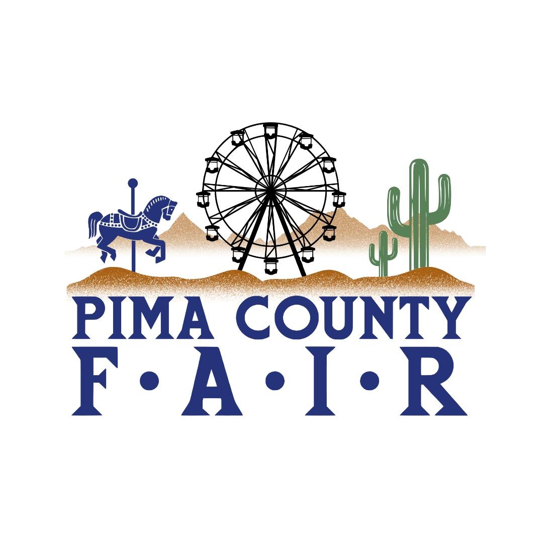 Logo for Pima County Fair. Illustrated logo featuring a carousel horse, Ferris wheel, desert mountains, and saguaro cacti in blue, brown, and green tones.