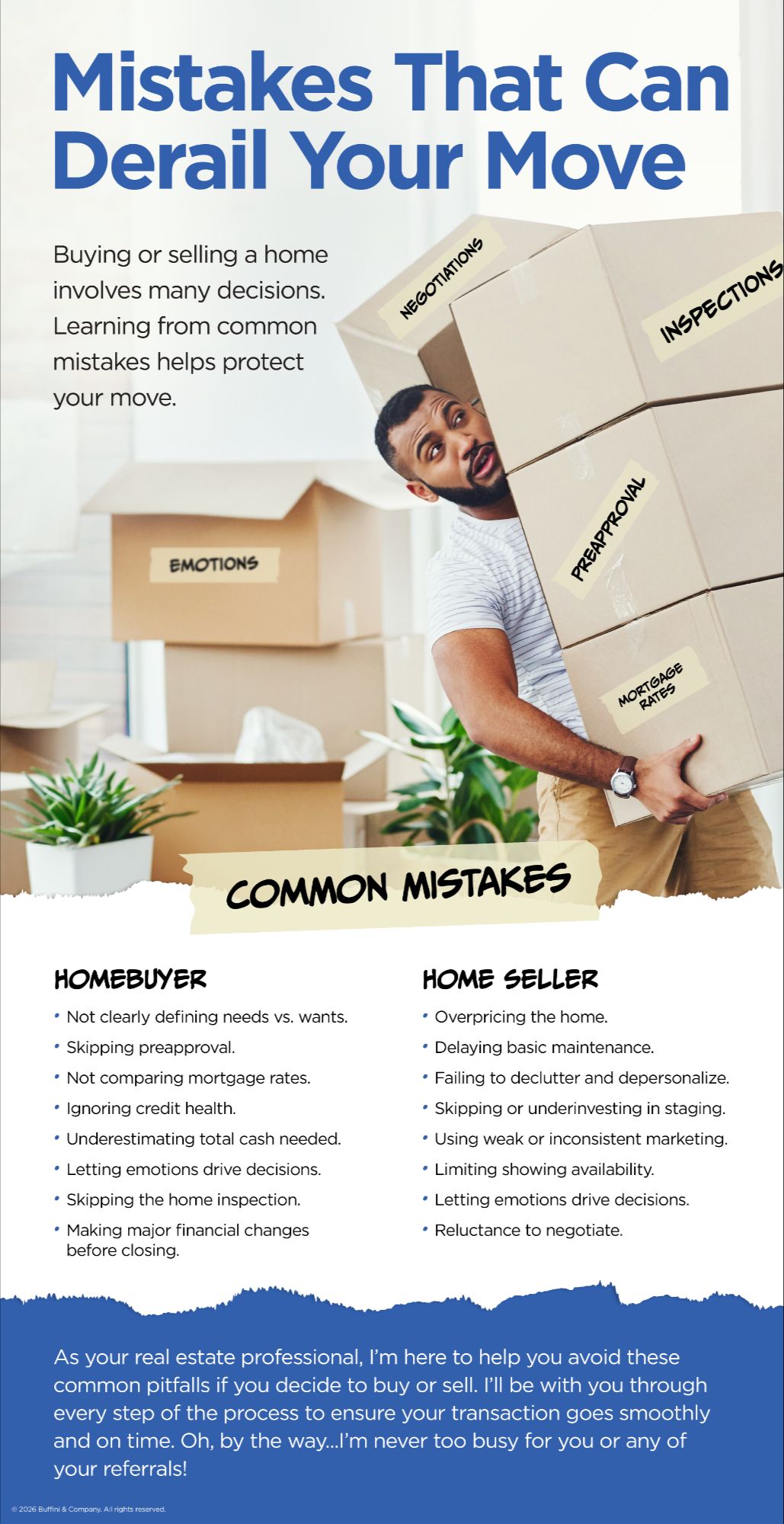 Mistakes That Can Derail Your Move infographic - homebuyer and seller pitfalls including pricing, preapproval, inspections, negotiations, and emotional decisions