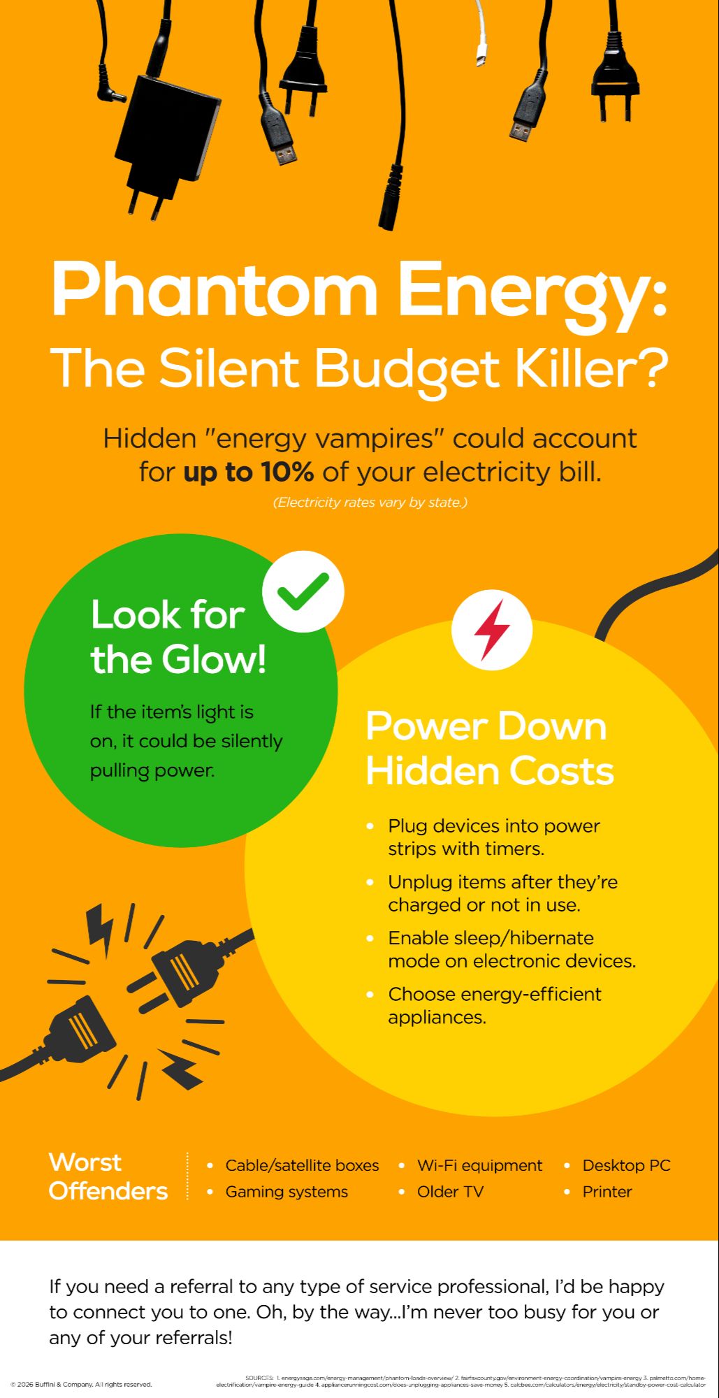 Phantom Energy: The Silent Budget Killer infographic showing energy-saving tips and the worst standby-power offenders