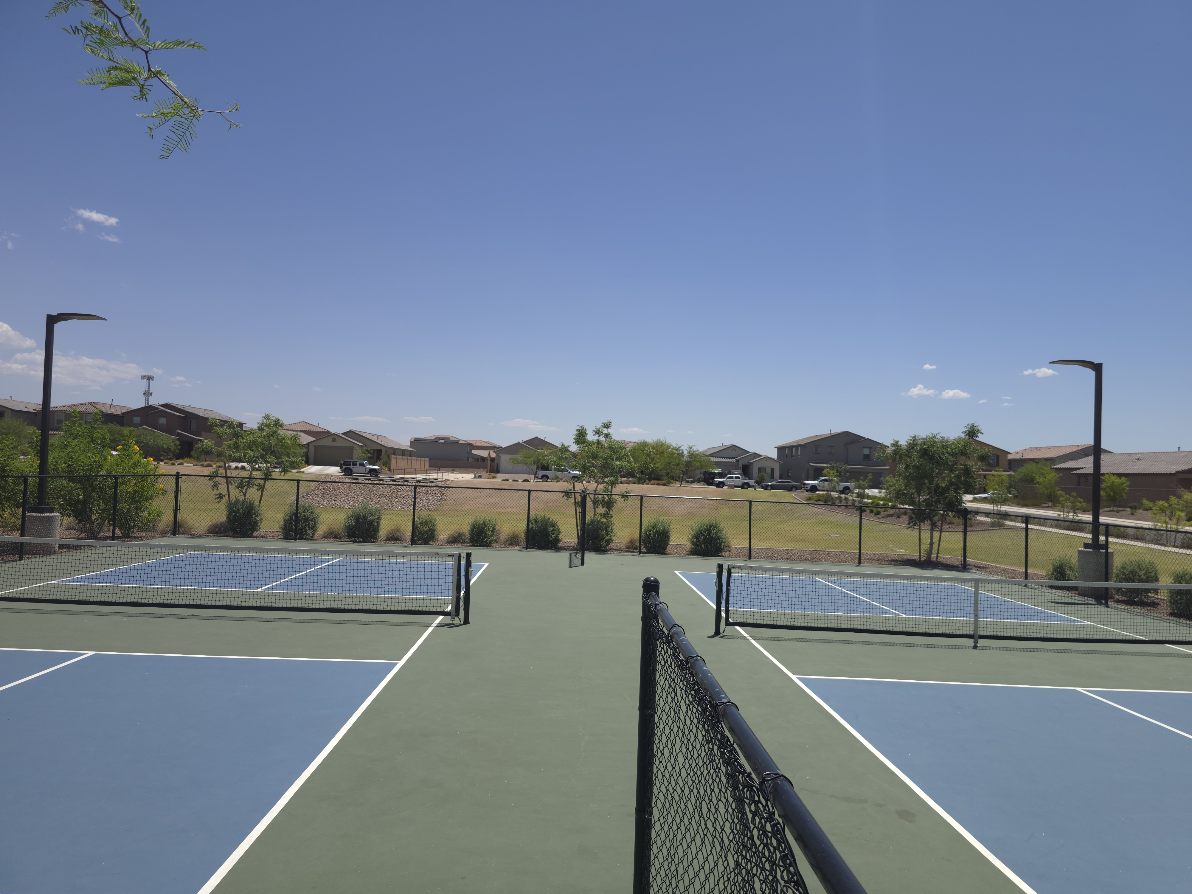 Pickleball courts at La Estancia de Tucson with green and blue painted surfaces, chain-link fencing, and homes visible in the background