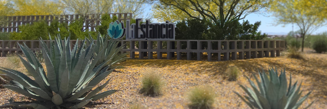 La Estancia community entrance sign in Tucson, AZ, framed by blooming yellow palo verde trees, agave plants, and desert landscaping