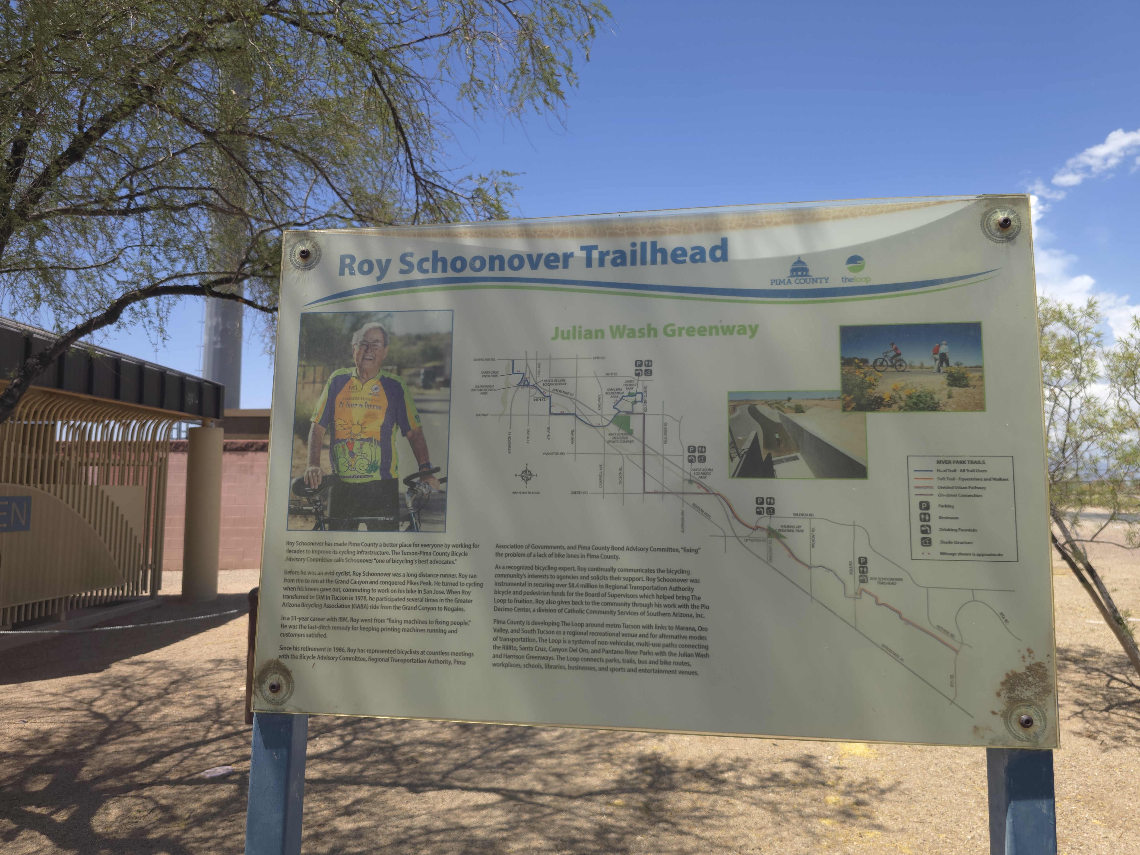 Roy Schoonover Trailhead informational sign at the Julian Wash Greenway entrance in La Estancia de Tucson