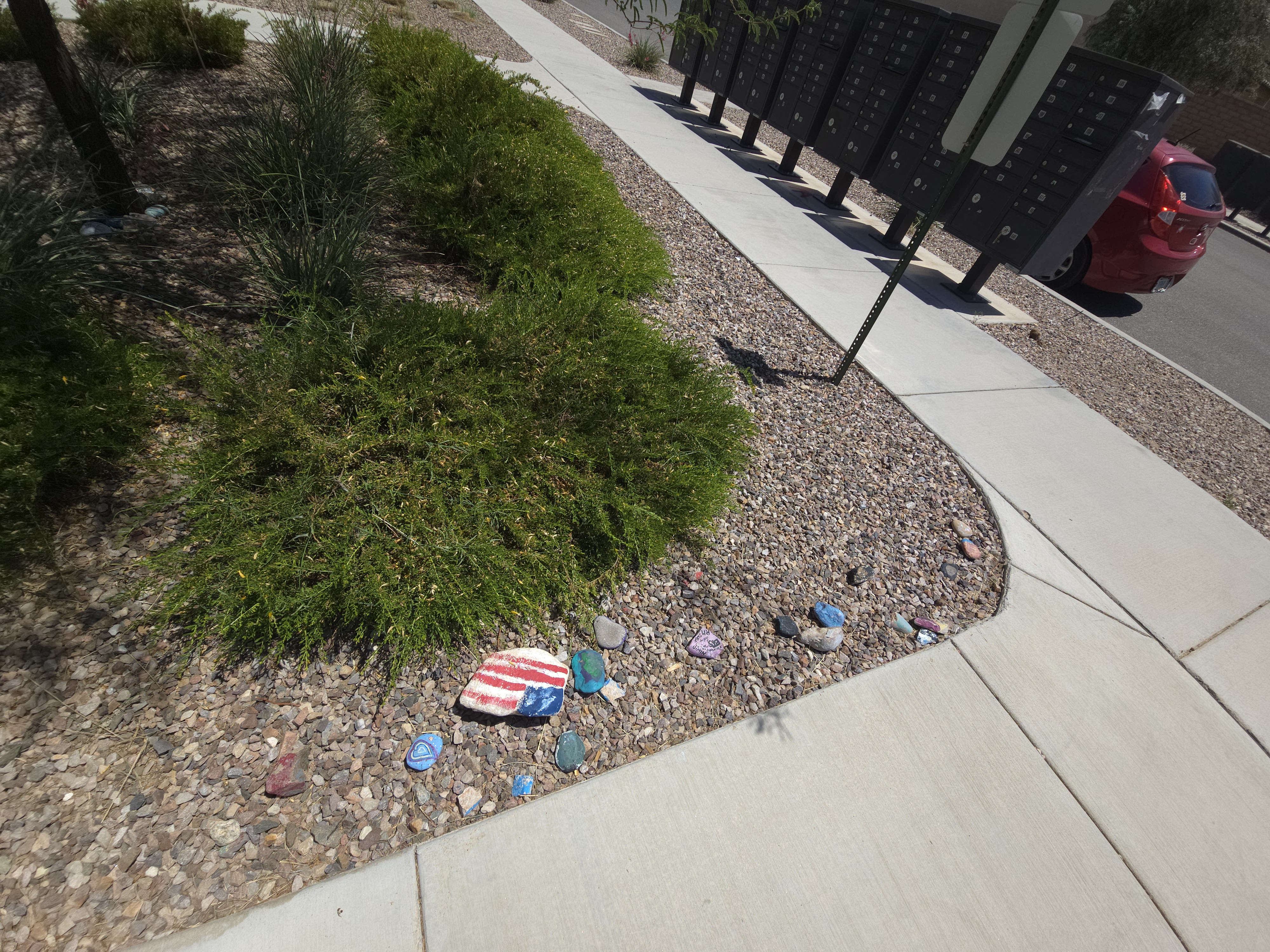 Painted rocks left by residents along the sidewalk near community mailboxes in La Estancia de Tucson, including one painted with an American flag