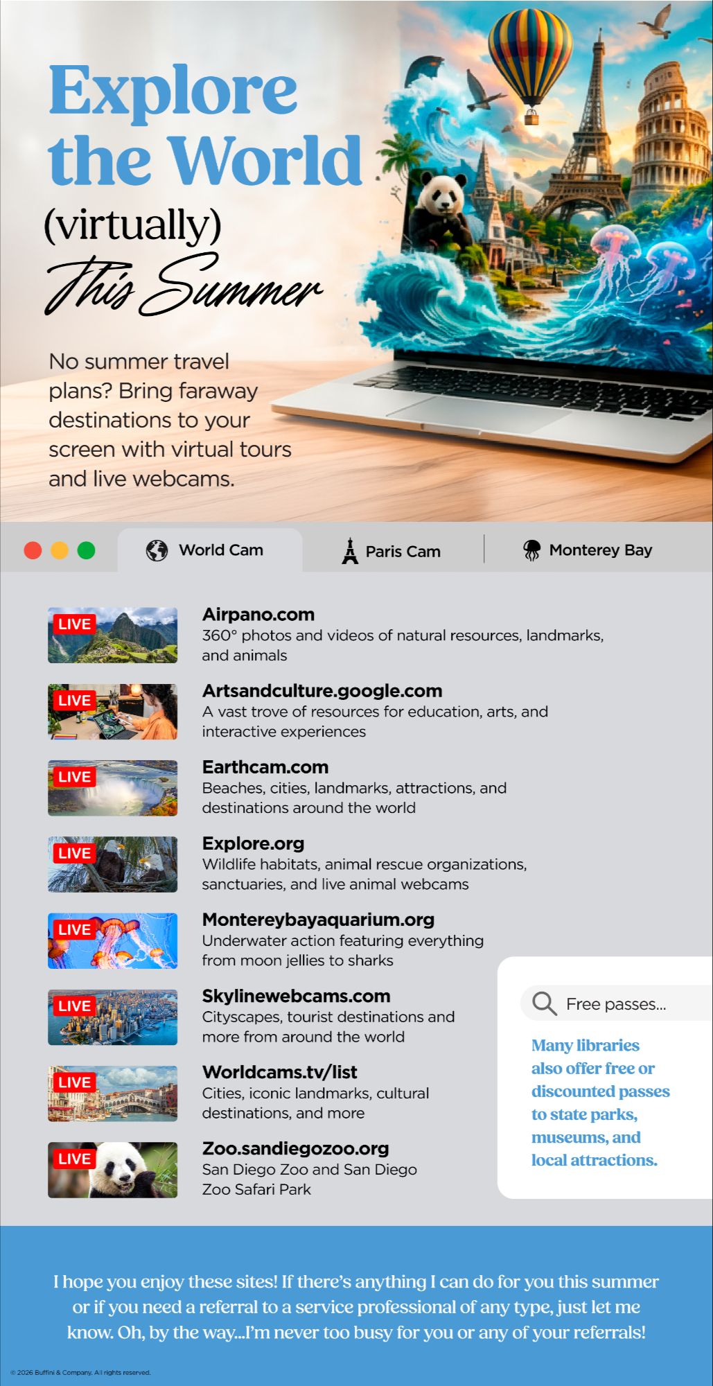 Infographic of virtual travel ideas — webcams and livestreams to explore from home